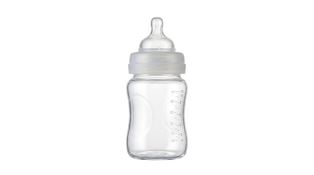 Empty glass baby bottle with silicone nipple and measurement markings on white background.