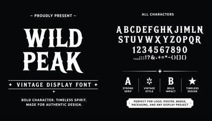 Wild Peak Bold vintage serif display font for branding and rugged outdoor apparel design © 777SKYLABS