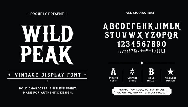 Wild Peak Bold vintage serif display font for branding and rugged outdoor apparel design