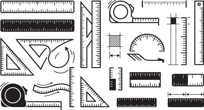 Measuring tools icon set with rulers tape measures triangles protractors and engineering scale lines technical drafting vector elements collection
