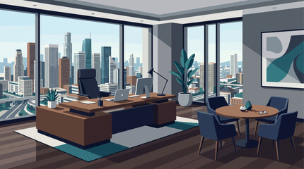 Fototapeta premium This flat design illustration portrays a sophisticated executive office, boasting an imposing desk and a panoramic city view through its large windows.