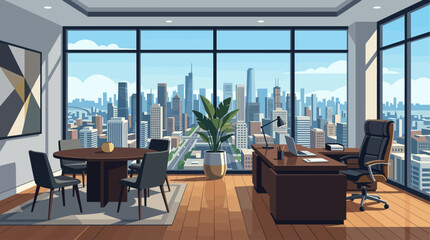 Fototapeta premium This flat design illustration portrays a sophisticated executive office, boasting an imposing desk and a panoramic city view through its large windows.
