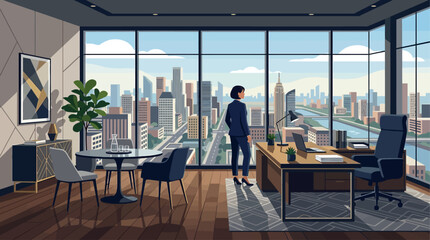 Fototapeta premium This flat design illustration portrays a sophisticated executive office, boasting an imposing desk and a panoramic city view through its large windows.