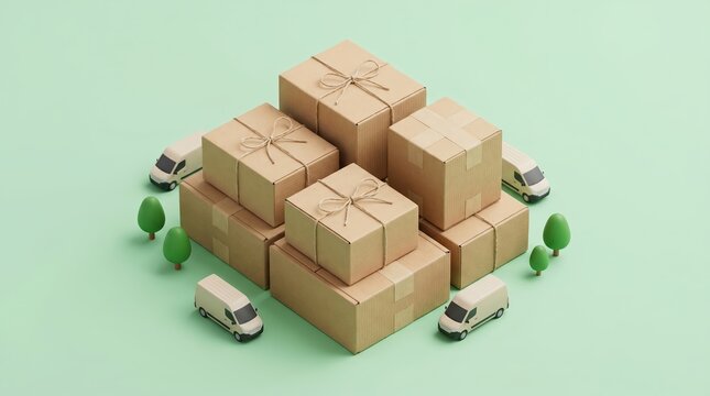 Cardboard box packages and delivery van are positioned near green tree to represent modern logistics shipping concept for sustainable commerce distribution and supply chain service.