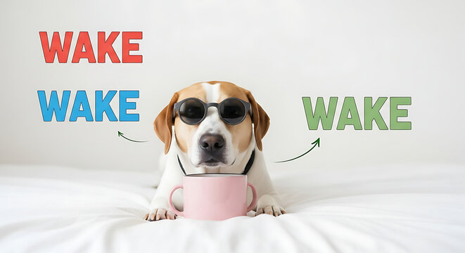 Cute dog wearing sunglasses holding a pink mug with funny wake text around it transparent background