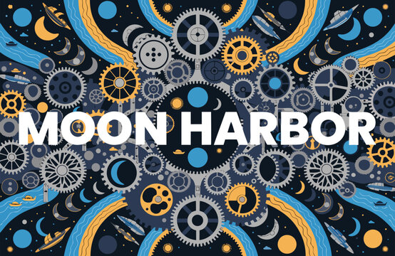 Moon harbor conceptual design featuring spinning gears and star patterns mechanical crescent steampunk abstract