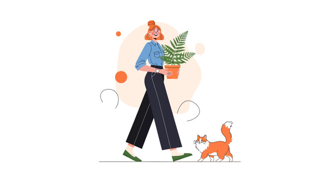 Woman walking with potted plant and cat illustration.