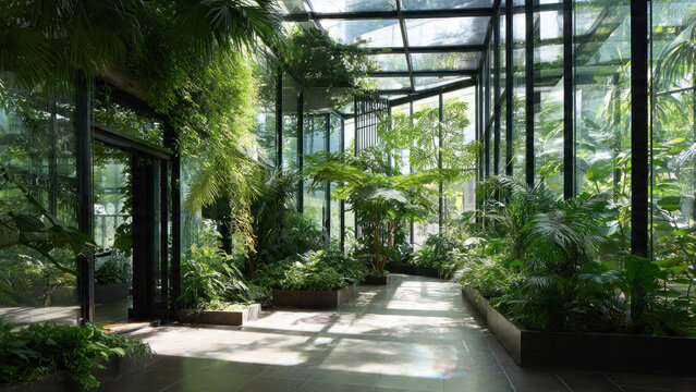 Large glass walled botanical garden interior.