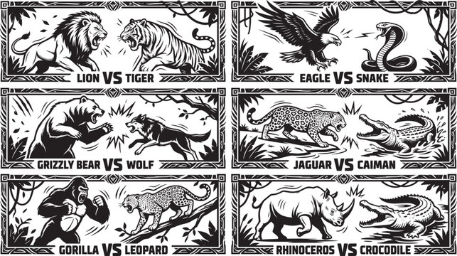 Wild animal versus battles banner set featuring predator fights like lion tiger bear eagle snake and crocodile vector woodcut illustrations collection