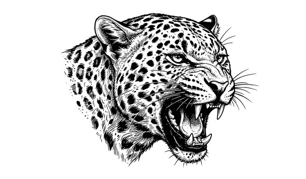 Vintage Ink Sketch of Roaring Leopard Head with Sharp Teeth Vector Illustration