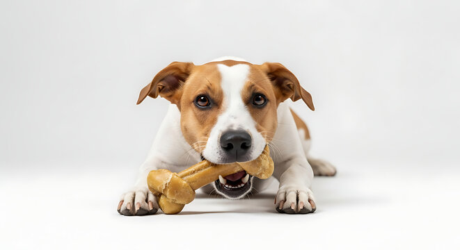 Cute small dog with brown and white fur happily chewing a large bone treat transparent background