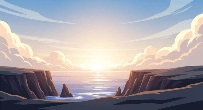 Vector illustration of a vibrant sunset above the ocean with steep rocky cliffs on both sides and large fluffy clouds in a soft pastel blue and orange sky at golden hour.
