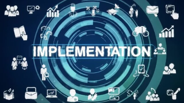 Business implementation concept with icons on blue digital interface.