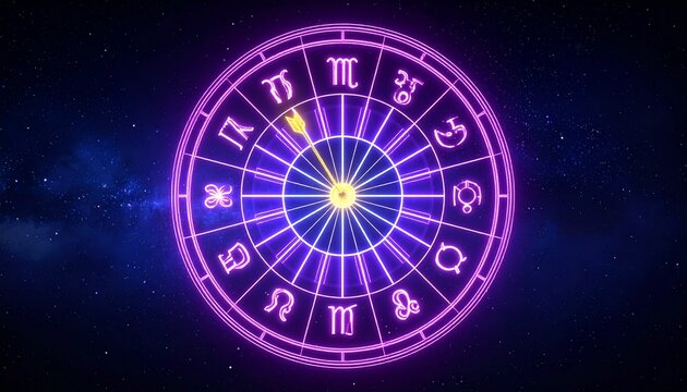 Mega Win Neon Zodiac Wheel Astrology Fortune Cosmic Glow Abstract Celestial Clock Star Signs Mystical Energy Radiant Purple Blue Glowing Constellat...