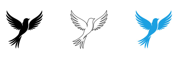 Obraz premium Three stylized birds flying in different colors isolated on transparent background, Vector