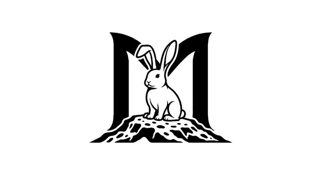 Black and white rabbit logo design with mountain silhouette.