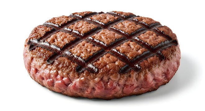 Grilled hamburger meat patty with cross pattern grill marks on white backdrop.