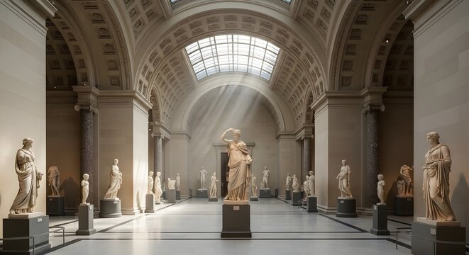 Ancient marble statues inside a grand neoclassical museum gallery hall