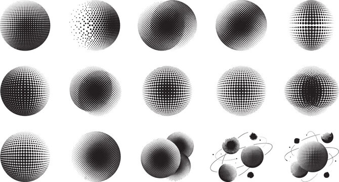 Abstract 3D halftone spheres and planets with orbital rings collection featuring retro stipple textures and geometric globe vector elements set