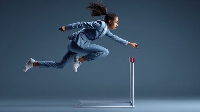 Dynamic businesswoman in suit leaping over hurdle in studio, symbolizing achievement and overcoming challenges
