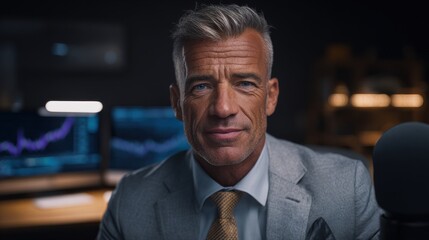 Fototapeta premium Confident Middle-Aged Businessman in a Suit Looking Directly at the Camera with Financial Charts in the Background