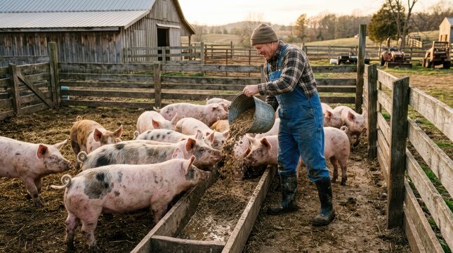 A farmer feeding pigs by pouring slop or grain into a trough. The pigs rush eagerly to the trough, snorting, tails curling. The farmer wears rubber boots and overalls.