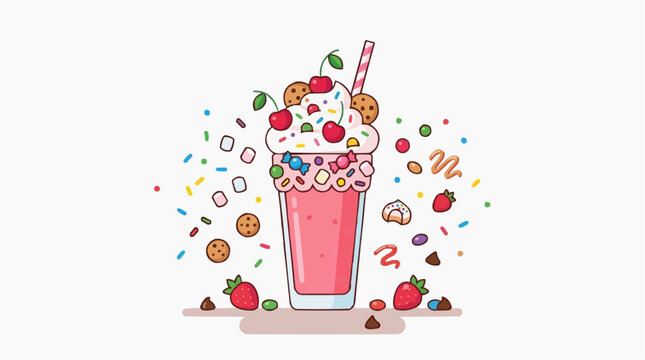 Sweet Celebration Milkshake: A vibrant and colorful milkshake topped with whipped cream, cherries, cookies, and sprinkles, adorned with various candies and fruit.