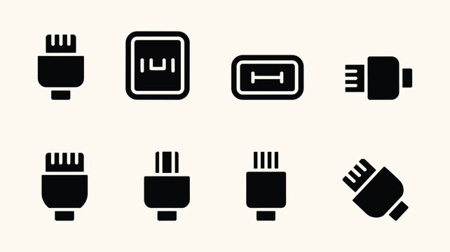 Collection of black silhouette USB port and connector icons in various styles for digital connections.