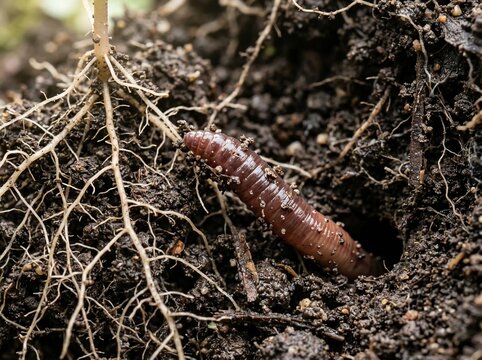 Earthworm in soil with roots.