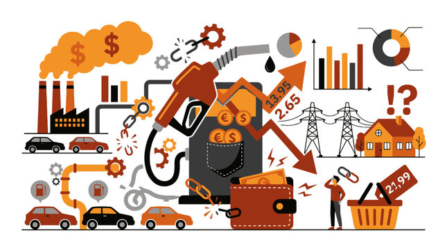 Inflation and rising fuel prices concept illustration showing economic crisis and high cost of living. EPS Editable
