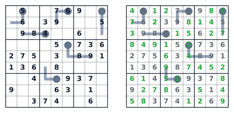 Sudoku square grid puzzle with highlighted numbers and paths_thermo_medium  