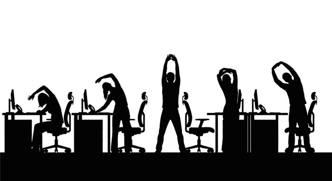 Black silhouettes of office employees performing desk stretches and ergonomic exercises at workstations with computers and chairs, promoting wellness and health in the workplace.