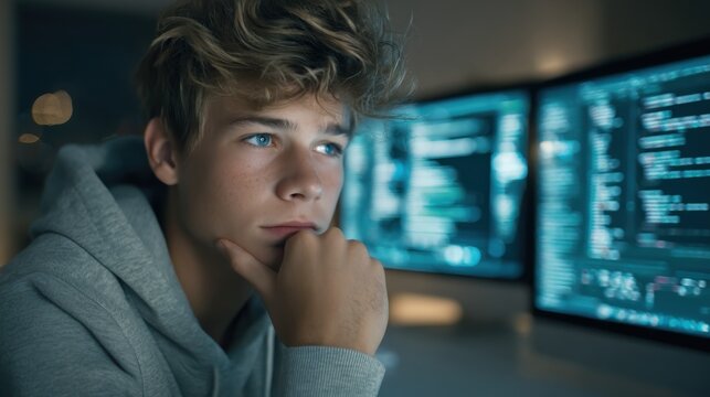 Young Male Coder Focused on Multiple Computer Screens Displaying Digital Code and Data