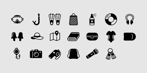 Icon set collection of snorkeling, scuba diving, and underwater exploration gear, featuring essential equipment for aquatic holiday activities. © Raka Firdaus 
