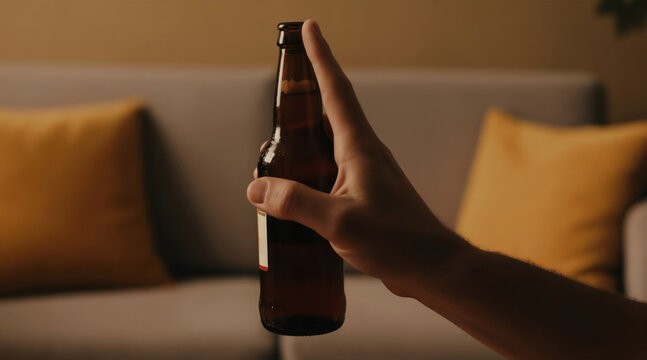 Hand refuses beer bottle offering. Person chooses sobriety, avoids alcohol temptation in living room. Shows self control, willpower against drink.
