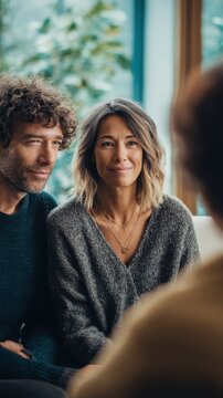 Smiling middle-aged couple in therapy session, discussing issues and seeking support for relationship growth.