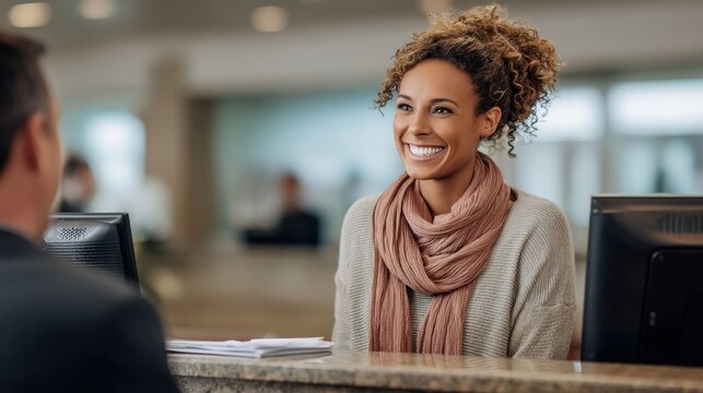 Friendly Bank Teller Smiling While Assisting Customer at Counter with Computer Monitors