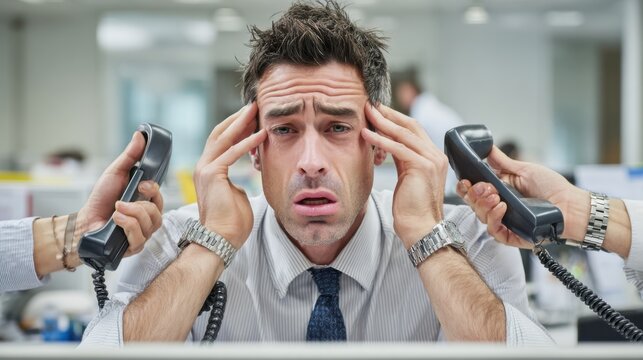 Stressed Businessman Overwhelmed by Multiple Phone Calls in Busy Office Environment