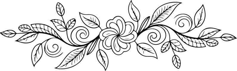 Black and white line drawing of a floral design with leaves and flowers © Team RAS