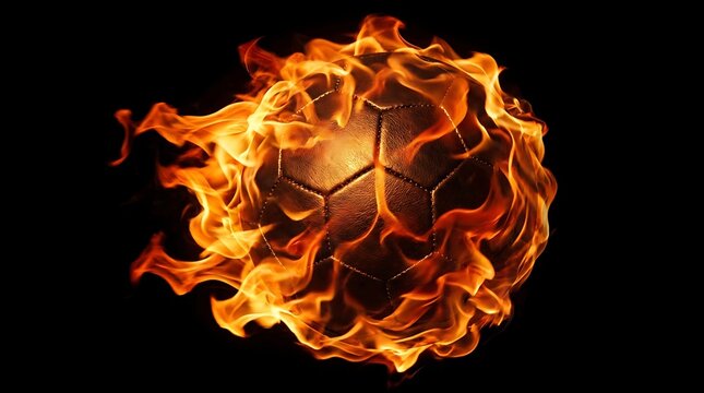 A soccer ball engulfed in flames on a black background with fire burning around it video