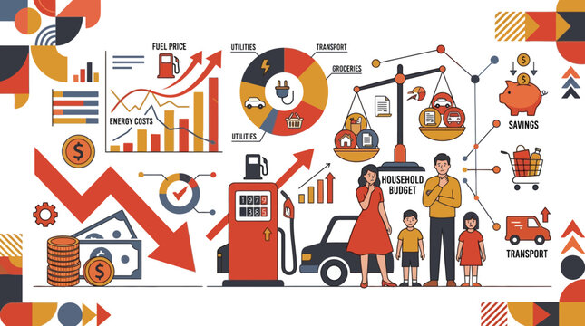 Infographic illustration of household budget planning and rising fuel prices impact on family savings. EPS Editable