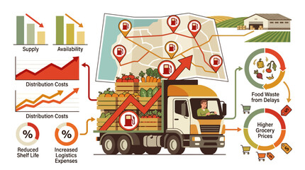 Fototapeta premium Infographic showing food supply chain logistics challenges and rising distribution costs. EPS Editable