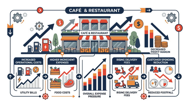 Infographic showing financial challenges and rising costs for cafe and restaurant businesses. EPS Editable