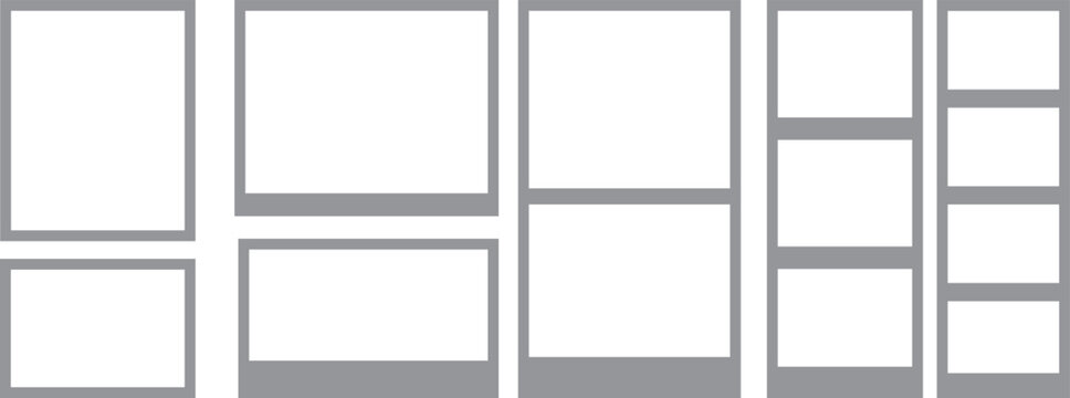 Comic Panel Layout Template Set with Empty Frames for Storyboards and Creative Pages. Minimal Grid Structures Feature Multiple Arrangement Styles for Sequential Design. Vector Illustration Collection 