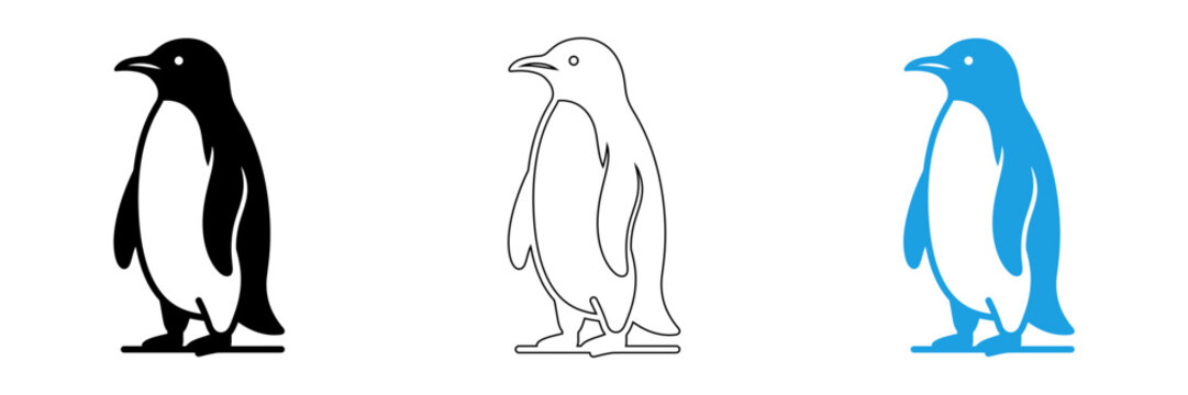 Three stylized penguins walking in a row isolated on transparent background, Vector