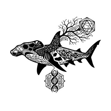 Abstract Hammerhead Shark with Geometric and Biological Elements.