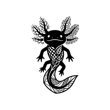 Axolotl illustration with intricate patterns and floral elements.
