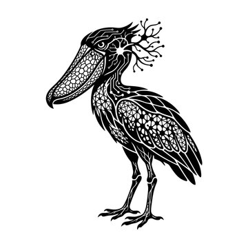 Intricate Black and White Illustration of a Shoebill Stork with Neural Network Patterns.