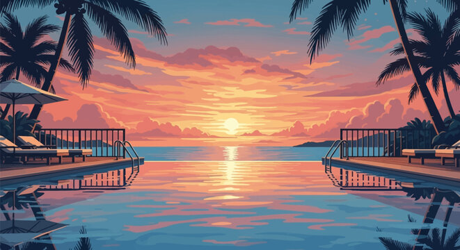 Tropical infinity pool at a luxury resort during sunset with silhouetted palm trees, poolside lounge chairs, umbrellas, and ocean horizon under a vibrant orange and pink cloudy sky.