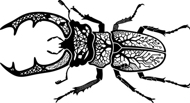Intricate Black and White Illustration of a Stag Beetle with Detailed Patterns.